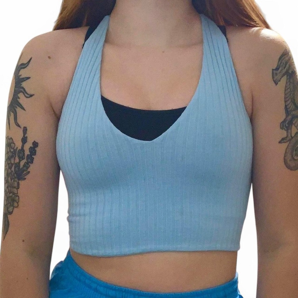 Womens Lulus Light Blue Ribbed Halter Crop Top Size XS